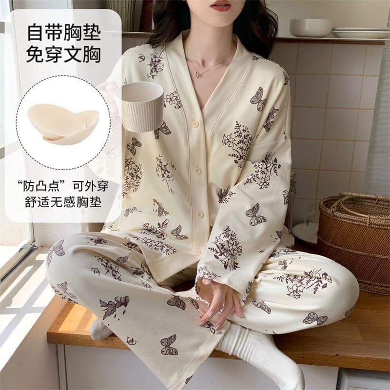 【Cotton-Like】 with Chest Pads, Women's Pajamas, Autumn and Winter Cardigan-Style Loungewear, M-3X