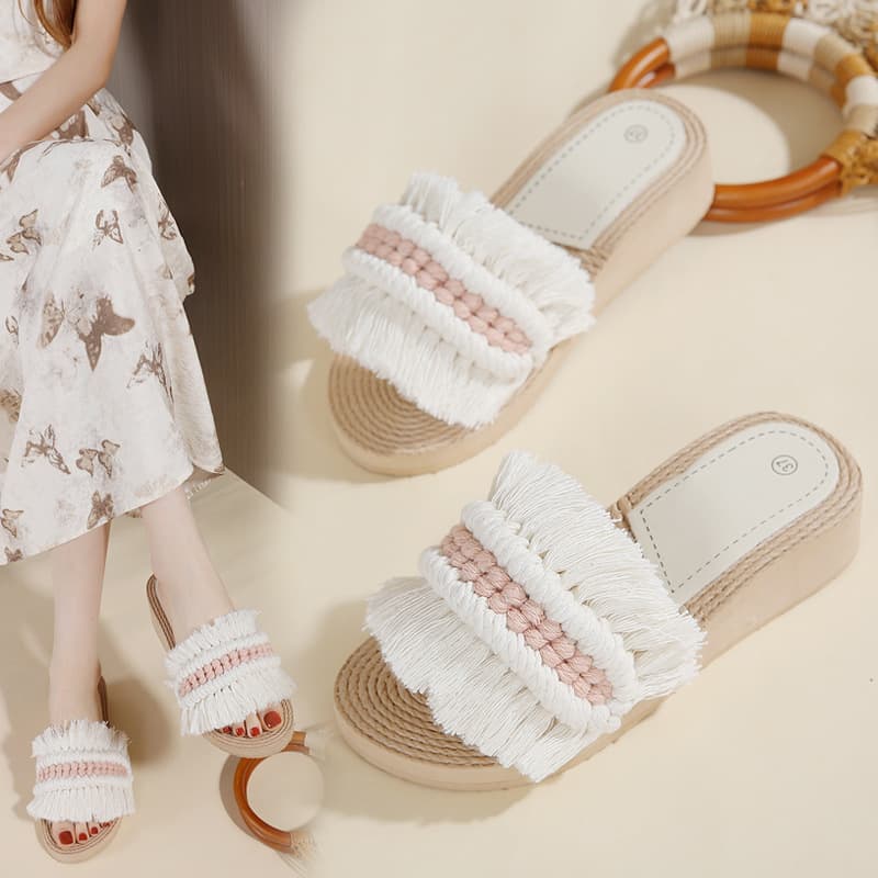 Thai Tassel Sandals Summer New Versatile Trendy Outdoor Non-Slip Slippers Bohemian Women's Mules Furry Shoes