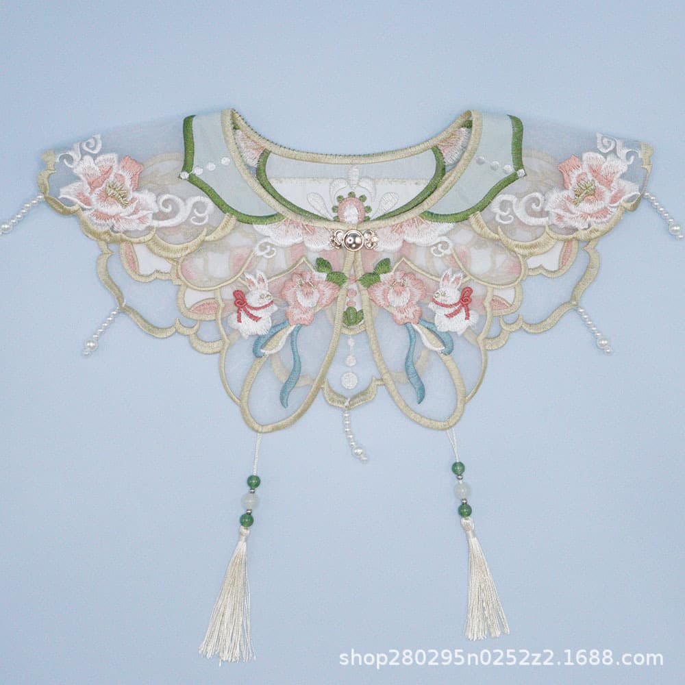 Cute fresh fairy jade rabbit flower embroidery cloud collar with button tassel Hanfu shawl children's clothing accessories detachable