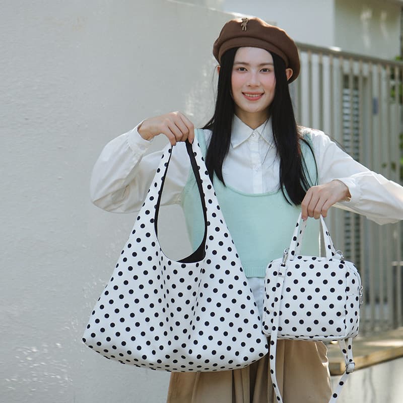 Classic Black and White Polka Dot Tote Bag with a French Vibe for College Students, Versatile for Class, Travel, and Commuting, Can Be Used as a Crossbody Bag