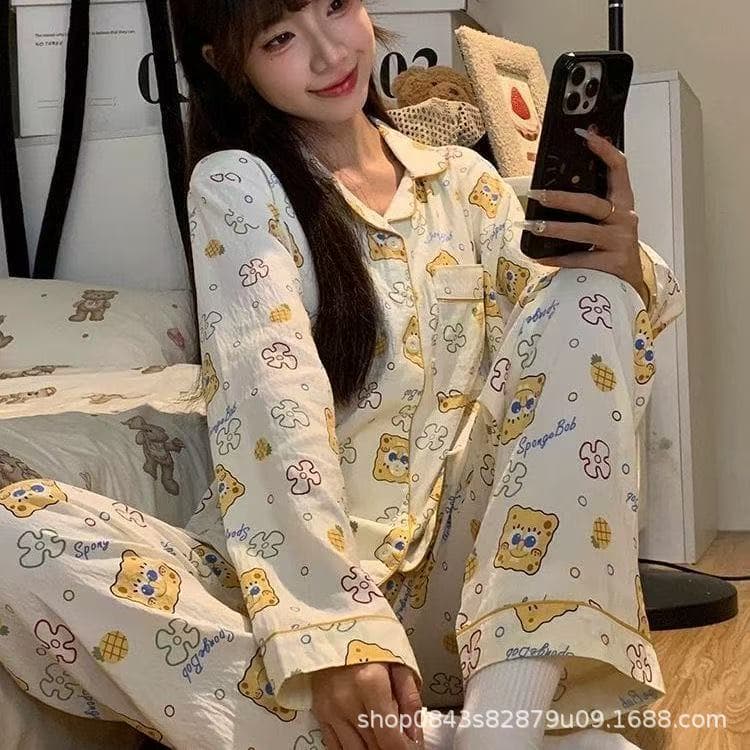 Cloud Cotton Pajamas for Women Summer Ins Style Spongebob Cartoon Cute Short-Sleeved Shorts Large Size Home Wear Set