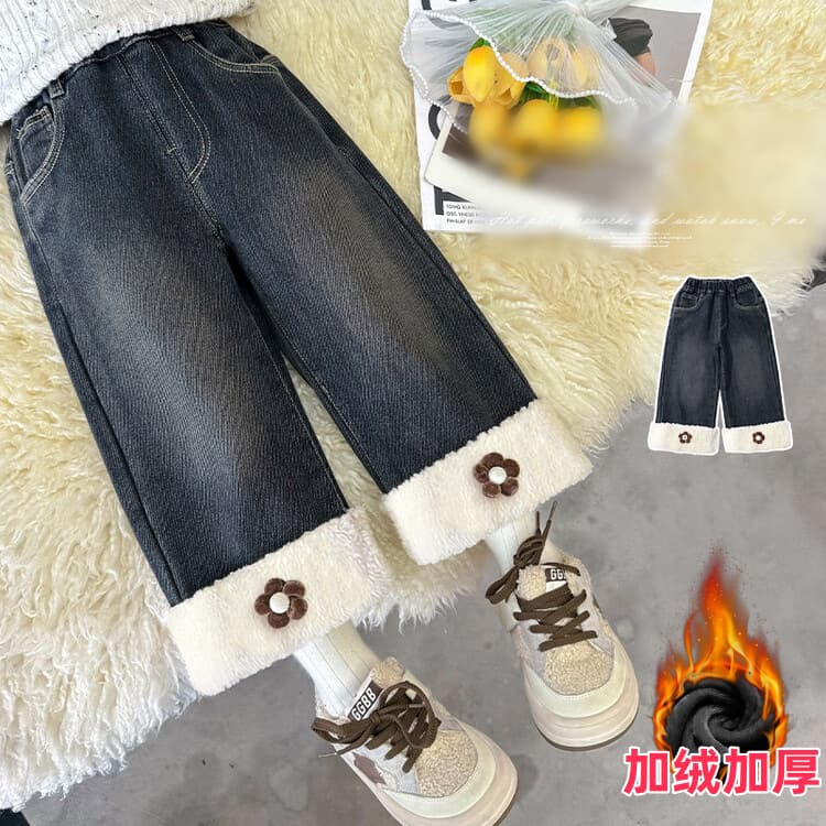 Girls' velvet jeans 2026 winter new style thickened and stylish children's loose all-in-one velvet baby straight wide-leg pants