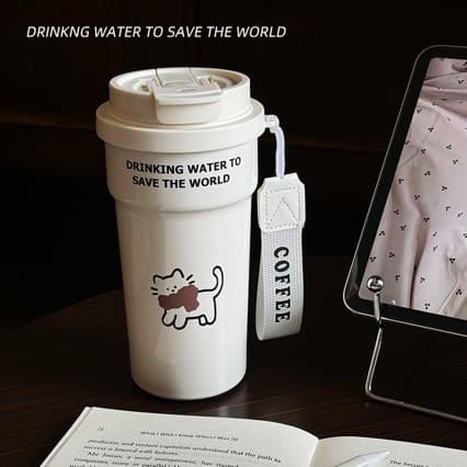Cartoon Cat and Dog 316 Stainless Steel Thermos Cup, Large Capacity, High Aesthetic Value for Men and Women, Household Cup with Portable Straw