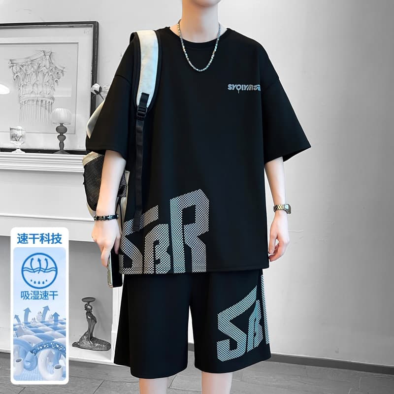 Waffle sports suit for teenagers, handsome short-sleeved T-shirt shorts, casual and breathable two-piece set Suzhou source