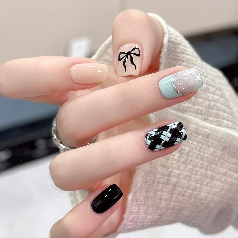 Chanel-Style Manicure with Black and White Diamond Pattern, Silver-Plated Mint Green French Bow, Sweet and Cool Short Nails Wholesale