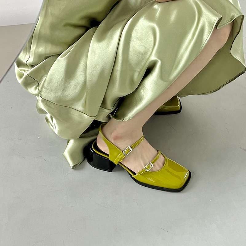 French thick heel back hollow single shoes for women 2025 summer season square toe Mary Jane shoes high heels retro patent leather toe sandals
