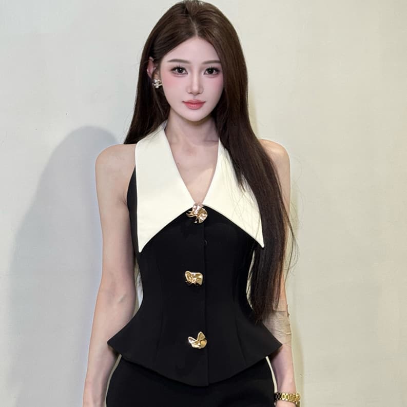 Xiaonuo Lightweight Casual Vest Set - Korean & Japanese Style Fitted Top with High-Waist Slimming Pencil Skirt 265604