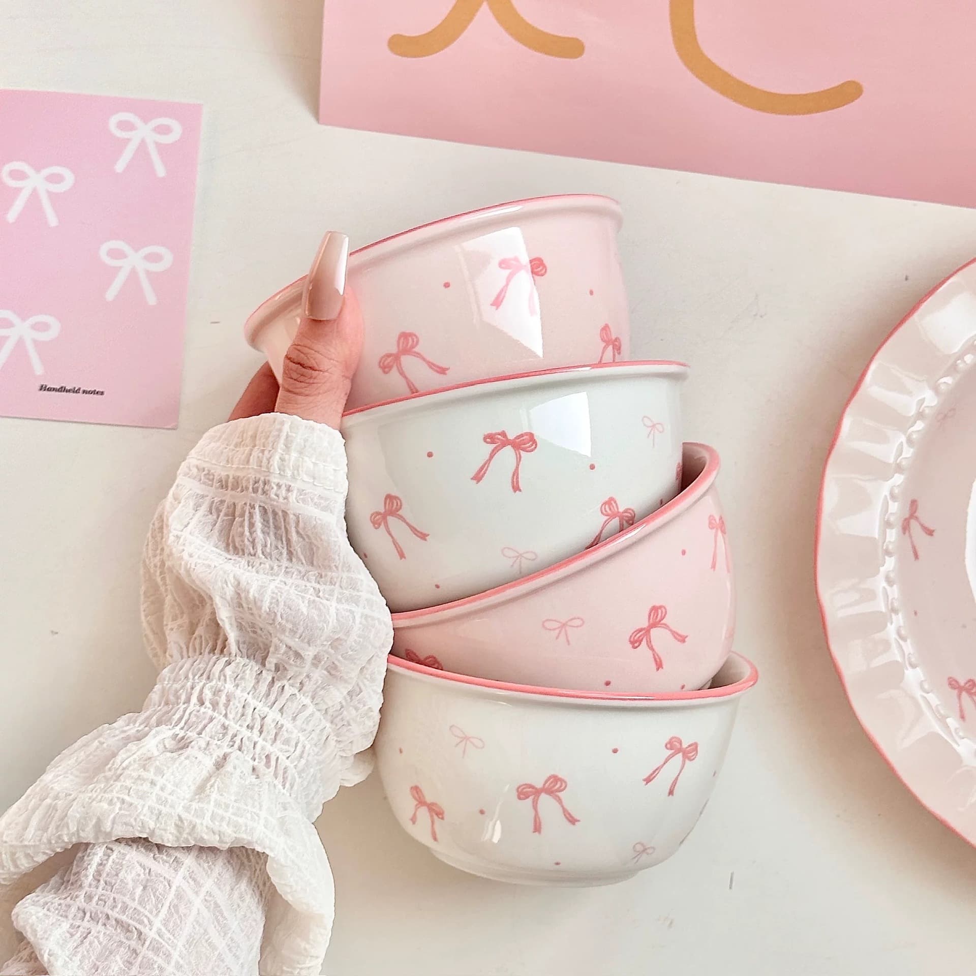 Pink Bow Ceramic Dinnerware Set with Rice Bowls, Noodle Bowls, and Plates, Underglaze Color, Beautiful Home Use