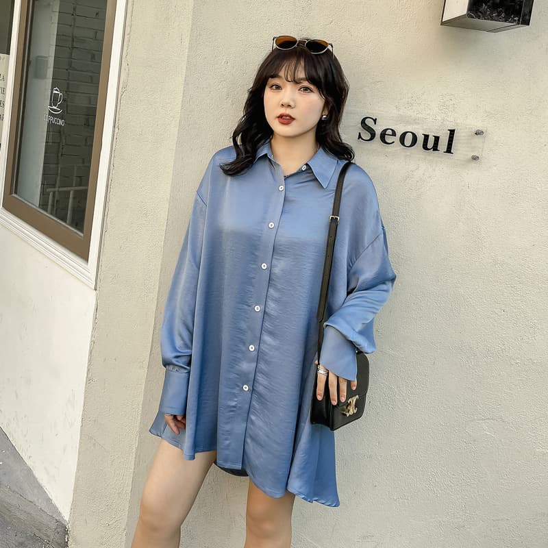 2024 spring plus size women's Korean style fat mm shirt women's dropped shoulder sleeves Hong Kong style haze blue hollow shirt k1357