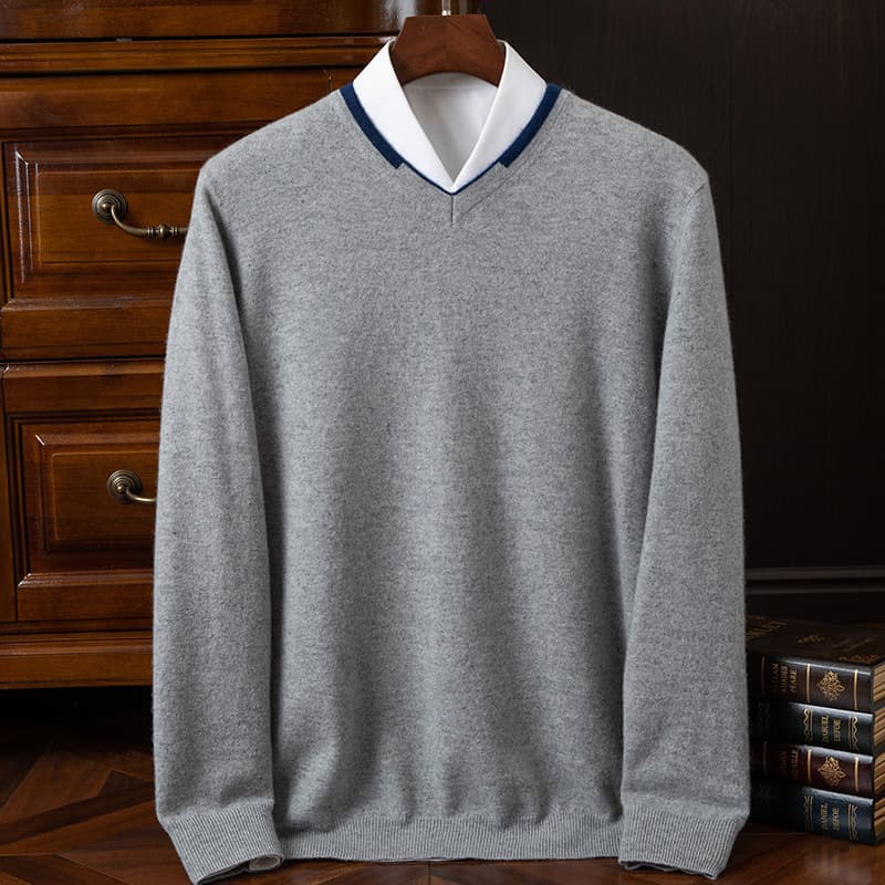 Cashmere Sweater V-Neck Solid Color Autumn Winter Knit Base Casual Loose Collar Contrast Color Cashmere Wool Sweater Men's