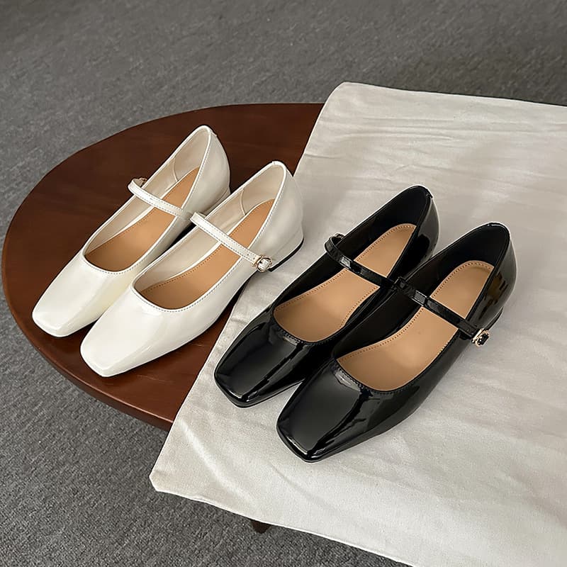 French Style Square Toe Mary Jane Flats for Women, White Chunky Heel Versatile Commuting Slip-On Shoes, Korean Low Heel