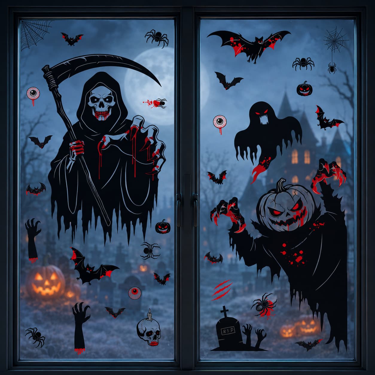 Halloween Horror Decoration Pumpkin Skull Scythe Grim Reaper Glass Sticker Bat Spider Ghost Window Static Cling