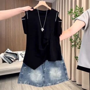 2026 New Summer Loose Asymmetric Design Conceal Belly Off-Shoulder Round Neck T-Shirt Top Trendy