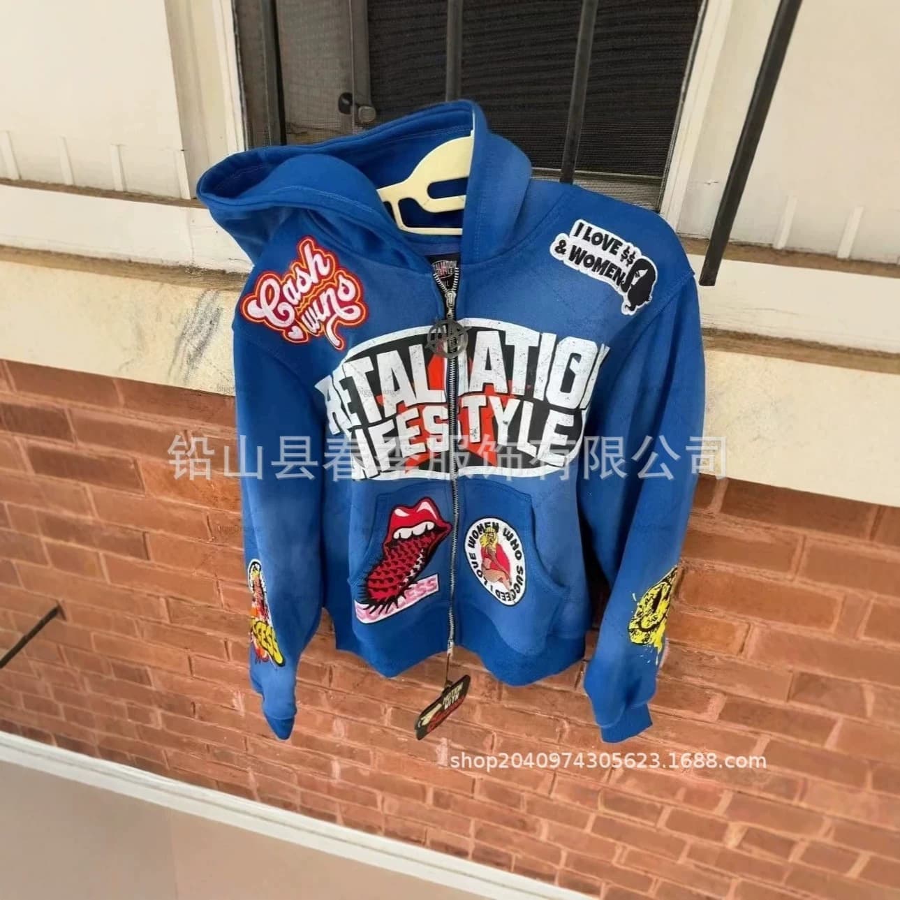 Oversized American Style Klein Blue Men's Zip Hoodie with Full Body Red Lips Portrait and Colorful Sticker Graffiti