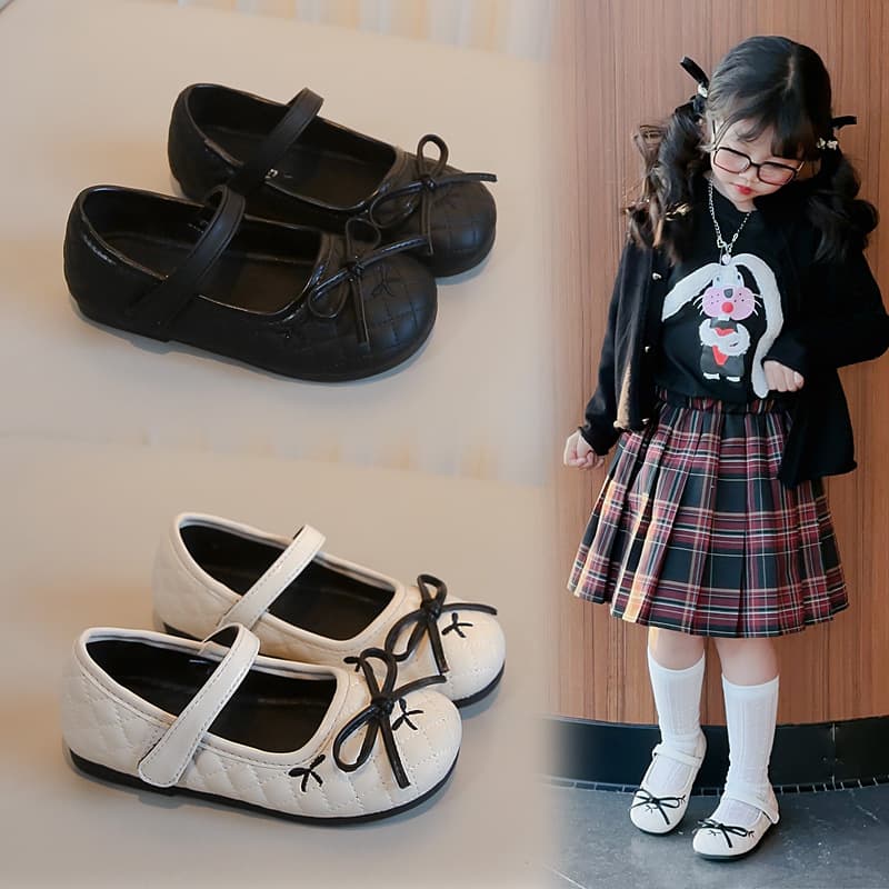Simple Princess Flats for Kids, 2025 Spring/Summer New Cute Big Bow Solid Color Leather Shoes for Girls