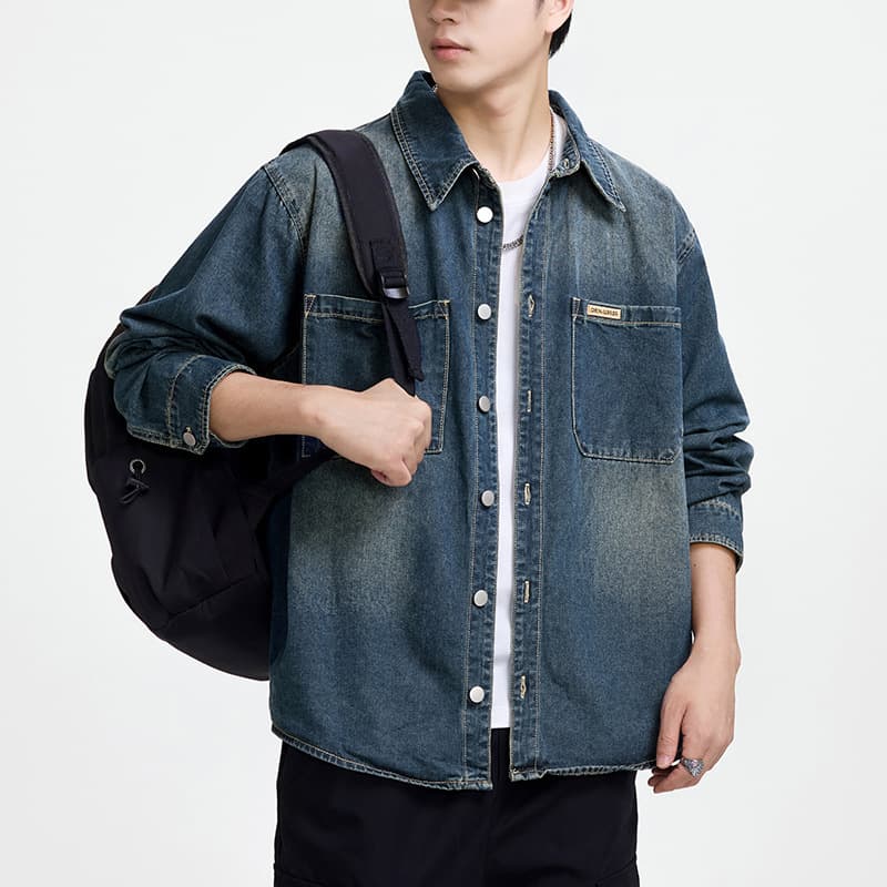 Men's Retro Denim Shirt Loose Spring/Autumn Casual Long-Sleeve Shirt American Vintage Washed Jacket Versatile Top