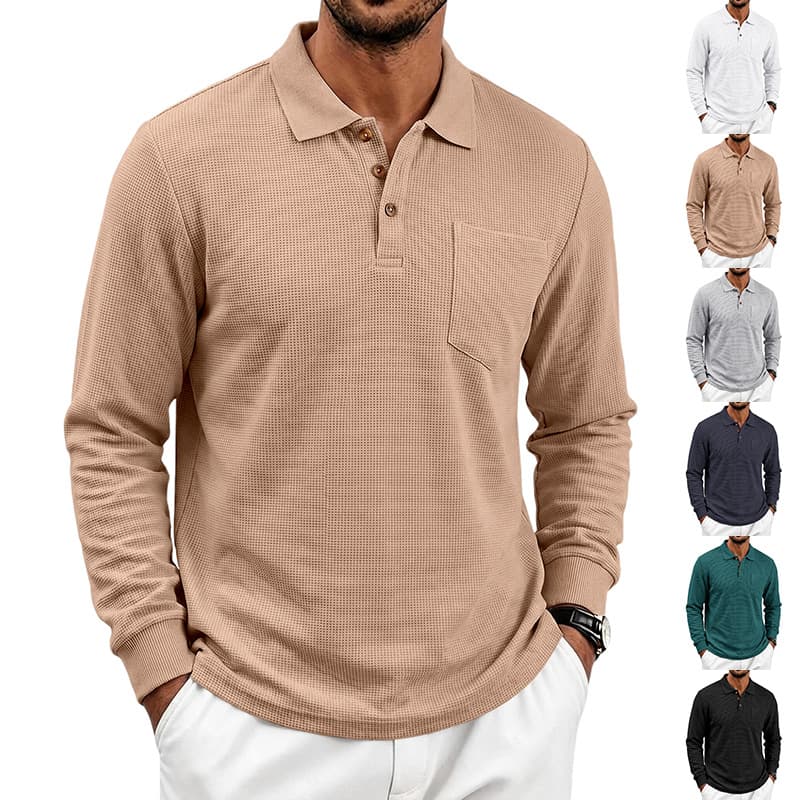 Autumn cross-border men's waffle heavyweight simple waffle casual commuting breathable lapel long-sleeved POLO shirt for men