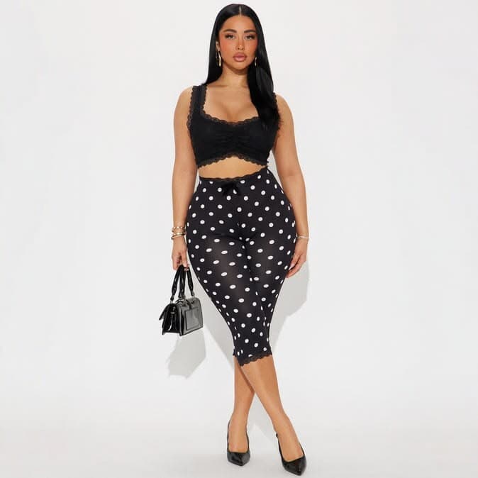 2026 Cross-Border New European and American Style Polka Dot Capri Pants Women High Waist Slim Fit Lace Patchwork Casual Pants Cross-Border Hot Seller