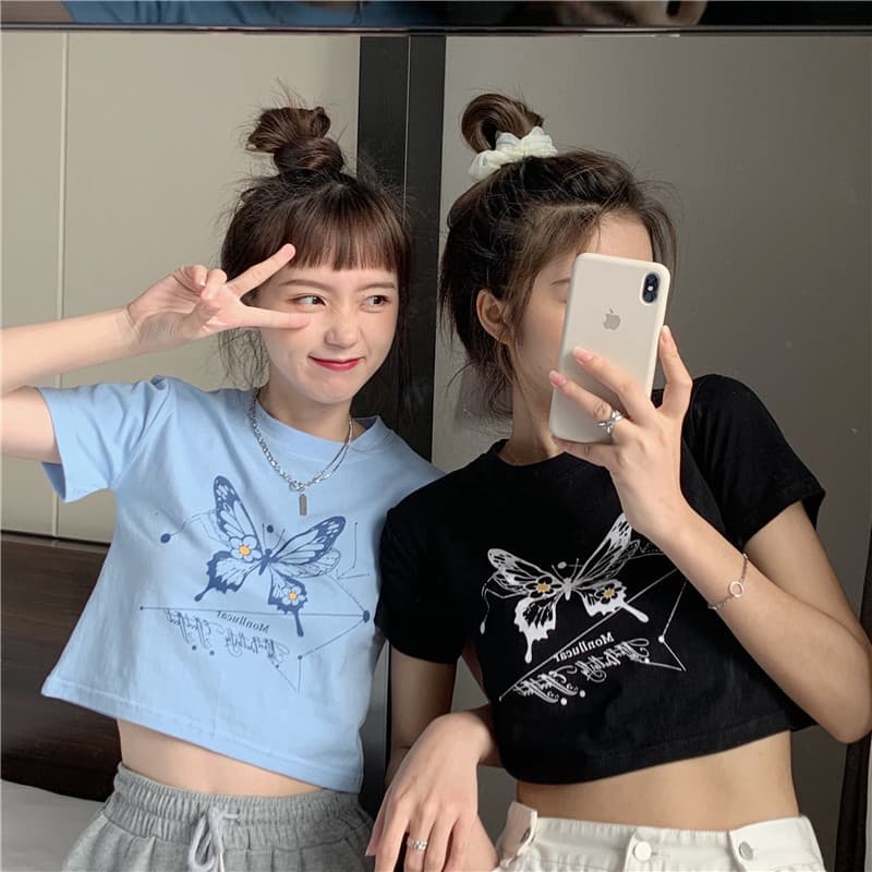 Best friend sister outfit short short-sleeved T-shirt for women 2025 summer new Korean version trendy navel-baring Harajuku style student top