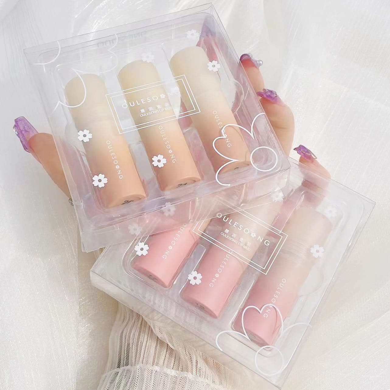 OULESONG Little Cream Lip Mud Matte Velvet Lipstick Gift Box Lip Gloss Set Long-Lasting Color Base Lip Liner for Students Women