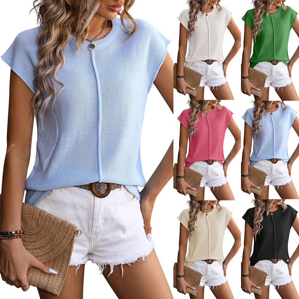 2024 Summer New Cross-Border European and American Women's Round Neck Knitted Chunky Casual Sweater for Amazon