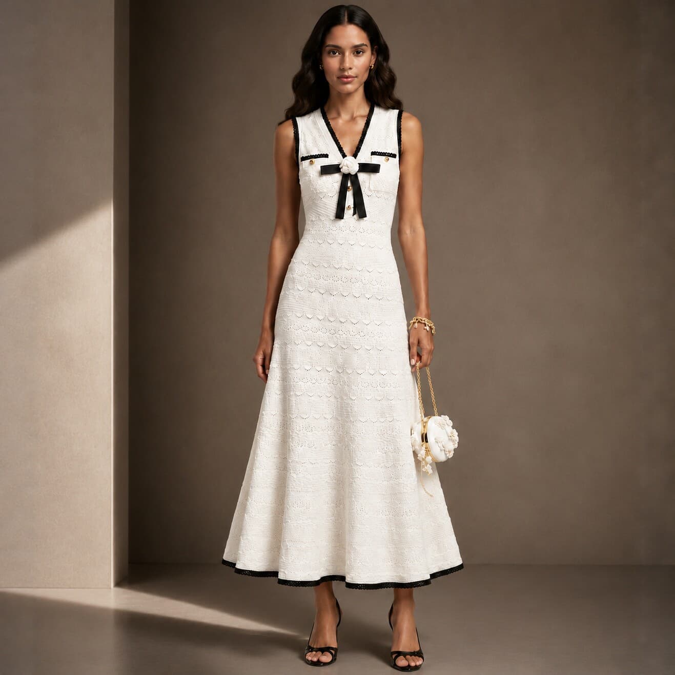 Hollow V-Neck Knit Dress for Women Shopify Jacquard Slimming Long A-Line Dress Casual Date Contrast Color Dress