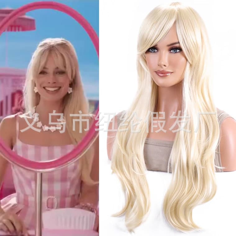 New Cross-Border Movie Barbie Light Gold Cosplay Wig, Golden Curly Long Wavy Wig