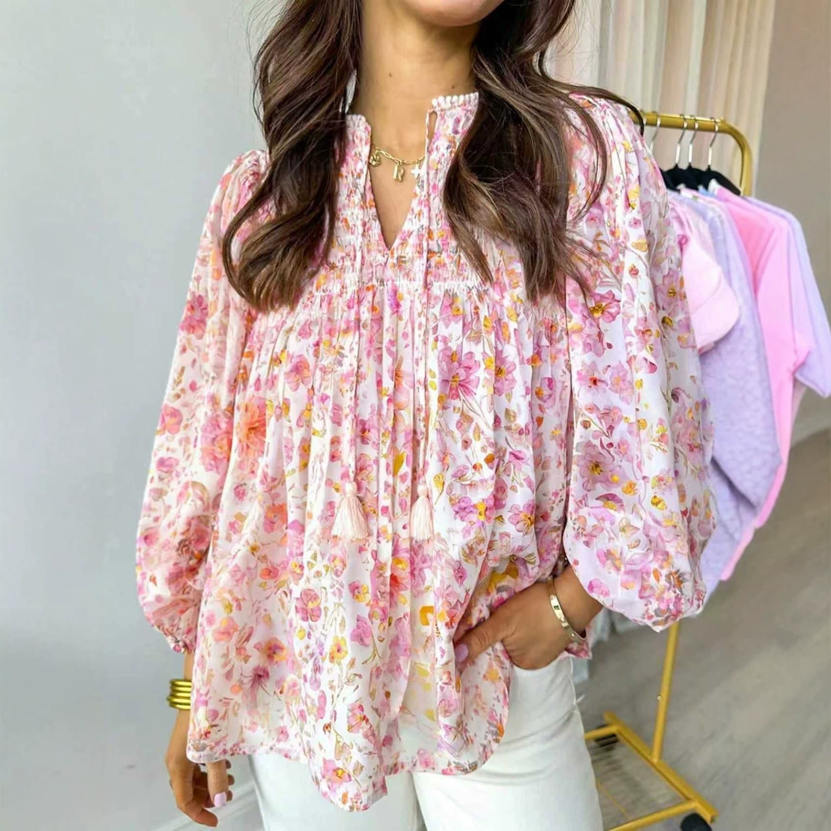 Plus Size Women's Casual Shirt Fashion Long Sleeve Loose V-Neck Blouse