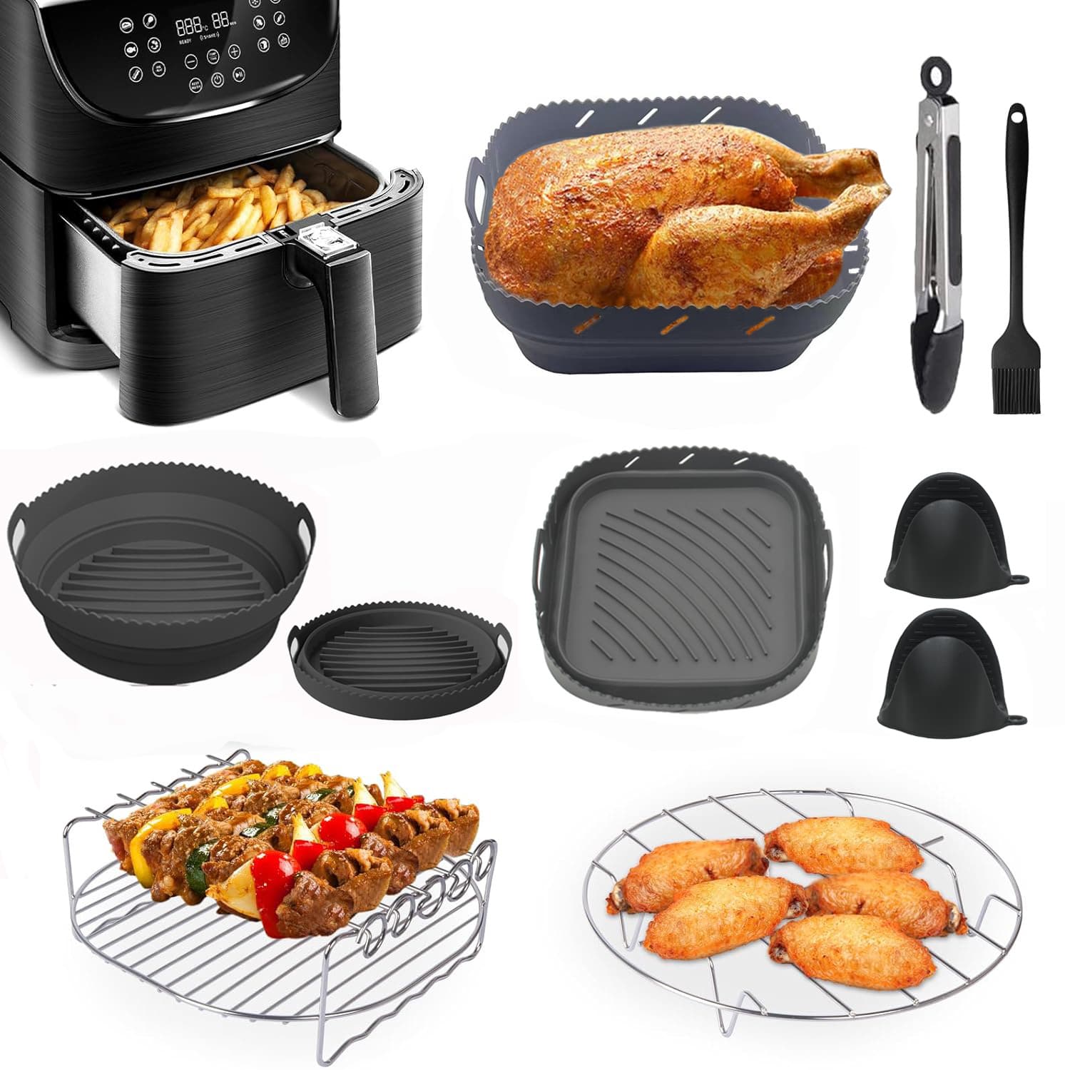 Air Fryer Accessories Double Layer Stainless Steel Grill Rack 3-Prong Rack Grill Grid Shelf Silicone Baking Pan Oven
