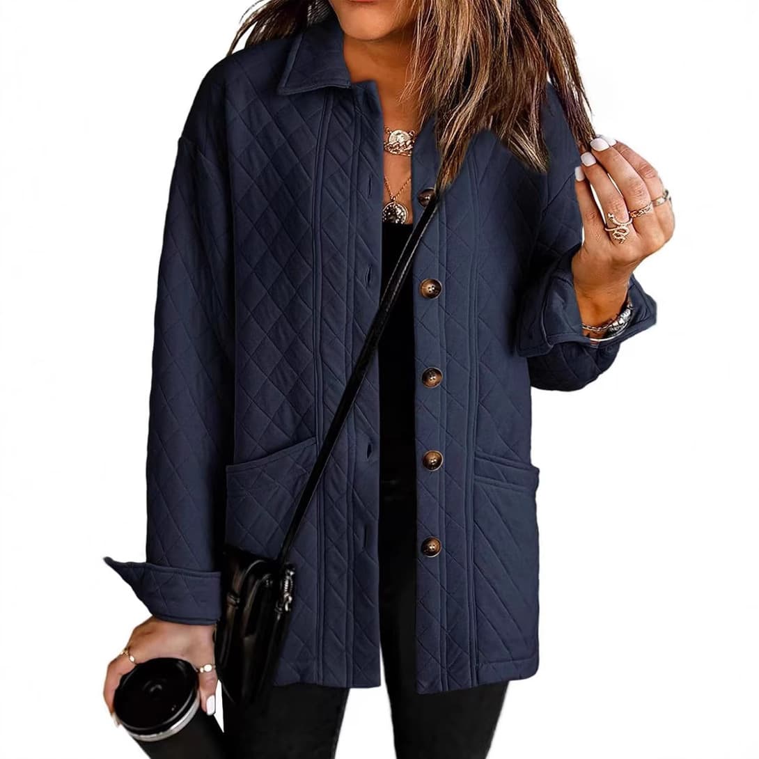 Amazon cross-border 2025 women's casual quilted jacket button long-sleeve shirt with pocket outerwear.
