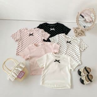 2026 New Girl Top Baby Girl Five-Color Polka Dot Bow Ribbed Texture Versatile Short Sleeve Polka Dot Tee