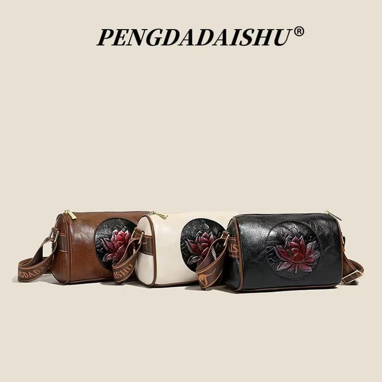 Brand soft leather retro Chinese style bag for women 2026 new style Boston shoulder crossbody bag large capacity pillow bag