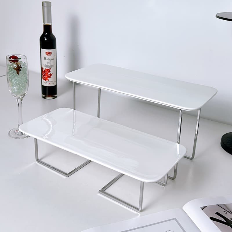 Ceramic Double-Layer Hotel Buffet Hot and Cold Food Display Stand, Fruit Cake Dessert Table Display