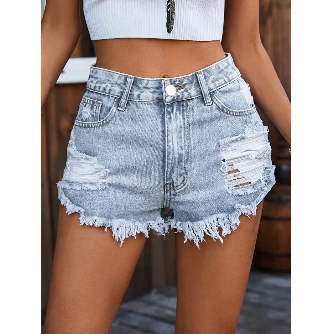Cross-Border European and American Style Plus-Size Ripped Street Style Denim Shorts, Stretch Denim, Washed Denim