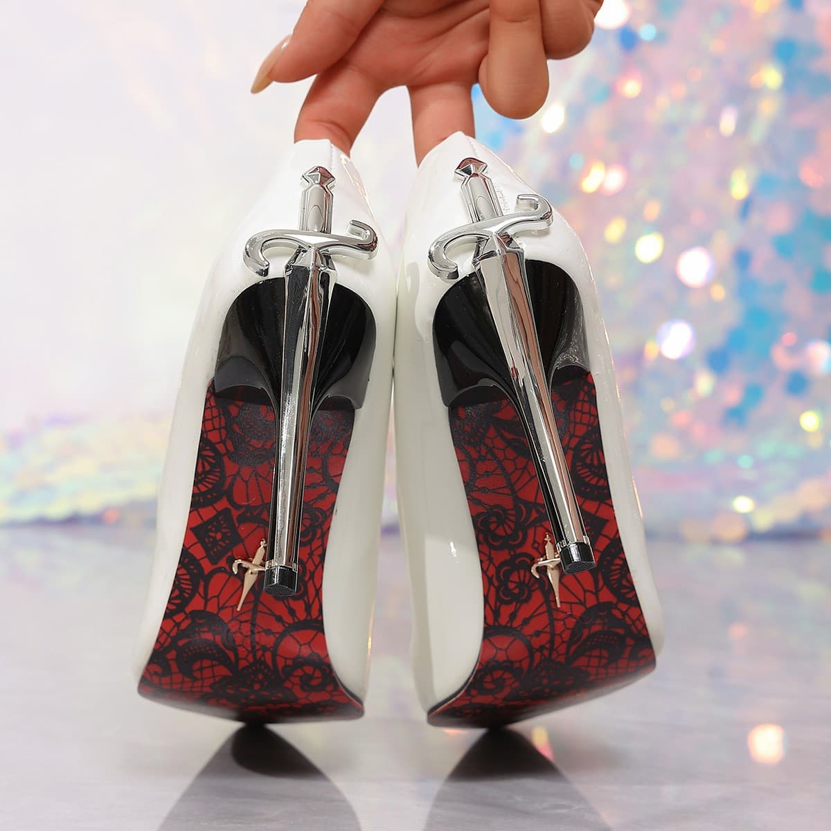 Metal Scepter High Heel Thin Heel Comfortable Genuine Soft Leather Print Red Bottom Pointed Toe Women's Shoes Dagger High Quality Patent Leather Pumps