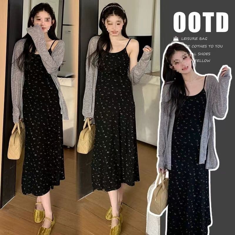 Maternity Wear Spring/Autumn New Youthful Vacation Style Floral Strapless Dress, Fashion Summer Dress Two-piece