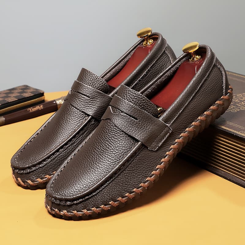 Cross-border plus size men's leather shoes, low-top slip-on driving casual shoes, handmade top-grain genuine leather loafers