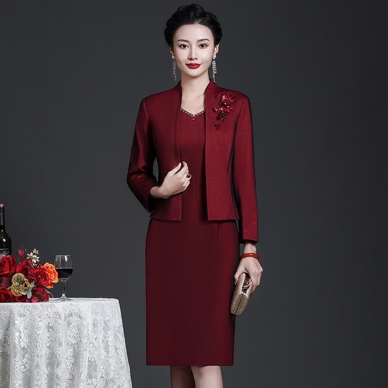 2022 Summer New Fashionable Elegant Plus Size Two-Piece Long-Sleeve Mother's Outfit Wine Red Short Jacket
