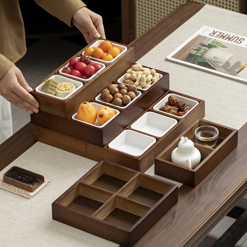 Chinese-Style Bamboo Multi-Size Grid Dried Fruit Tray Engagement Decoration Wedding Living Room Decoration Snack Seed Tray Nut Box