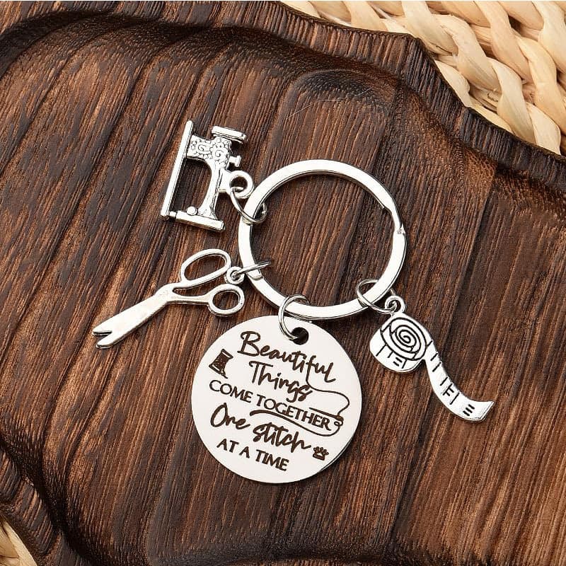 Stainless steel laser engraving sewing machine key chain metal leather ruler scissors gift key chain creative