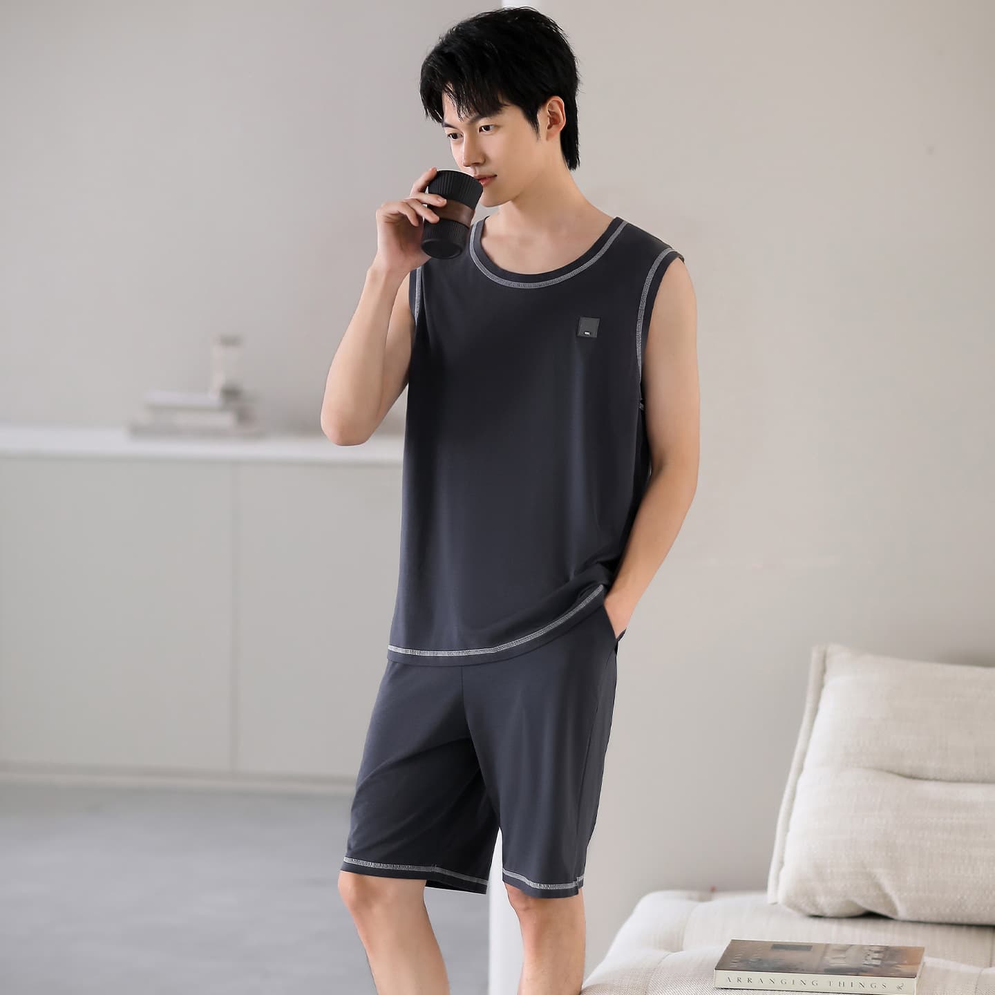 Sleeveless shorts pajamas for men summer thin modal cotton round neck pullover solid color plus fat plus size men's home clothes