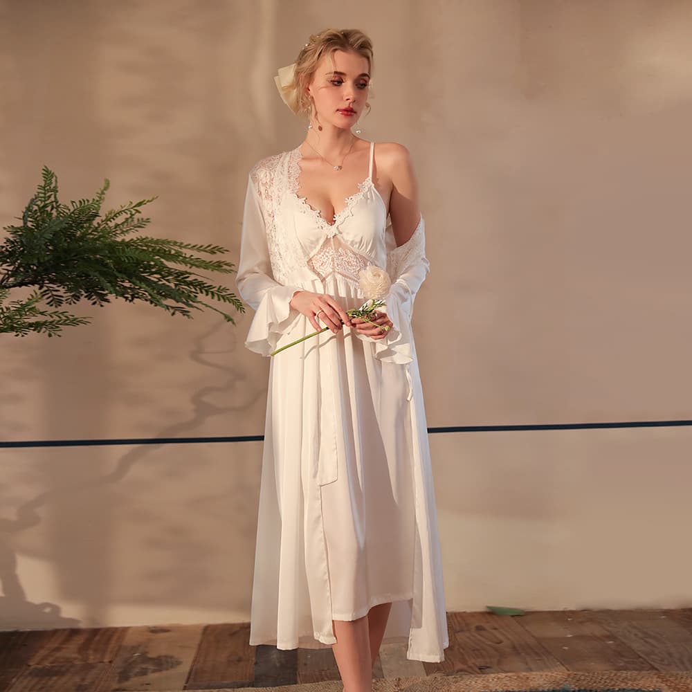 Muffy satin pajamas women's lace suspender nightgown long nightgown home bathrobe two-piece set 516+522 thin section