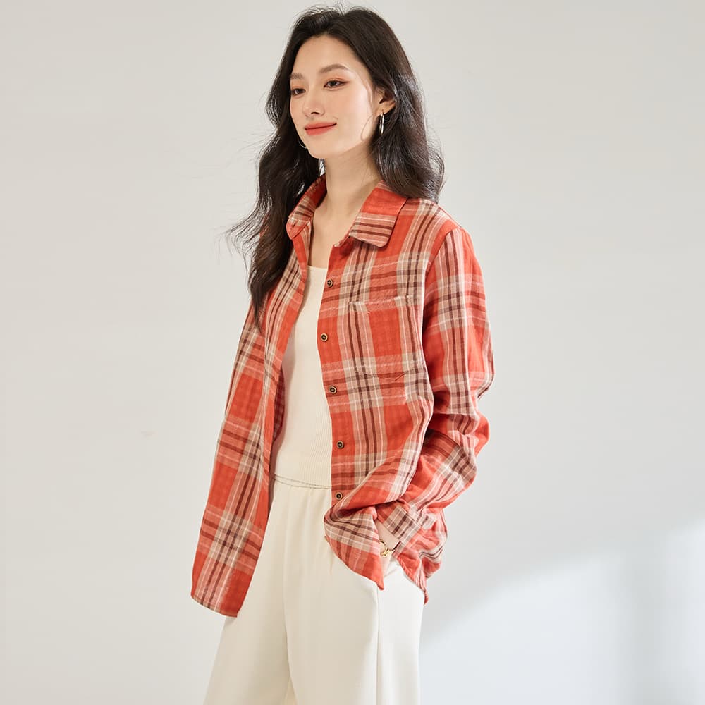 2026 Fall New Double-Layer Cotton Gauze Vintage Plaid Red Heart Check Versatile Stylish Shirt Jacket for Women 18979