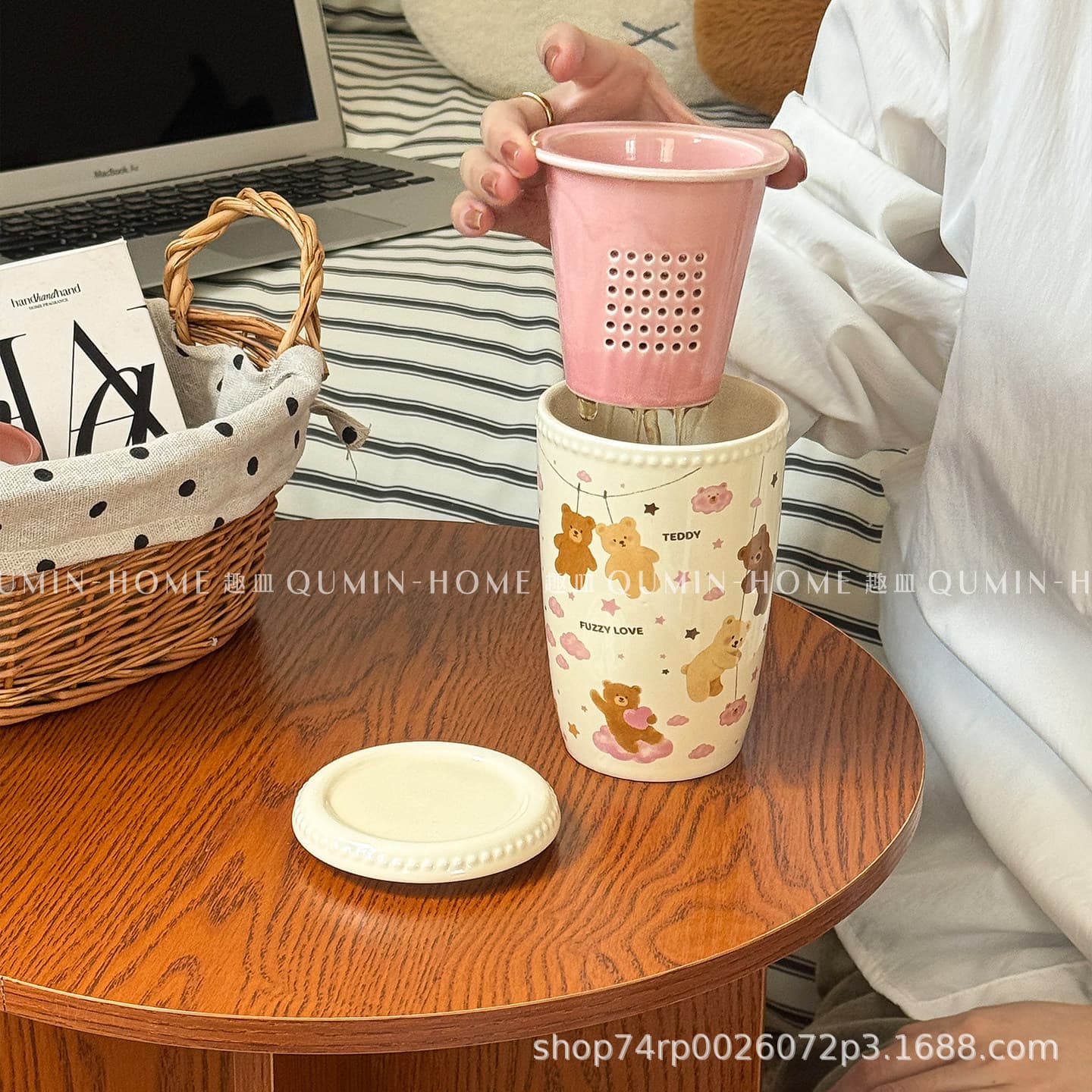 Cute Bear Balloon Ceramic Mug High Aesthetic Office Tea Cup with Lid and Tea Strainer for Brewing Tea and Drinking Water