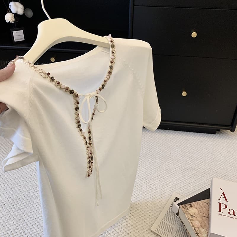 Real Shot Tie Bohemian Lace Raglan Sleeve Short Sleeve Design Knit Top for Women Summer New Top