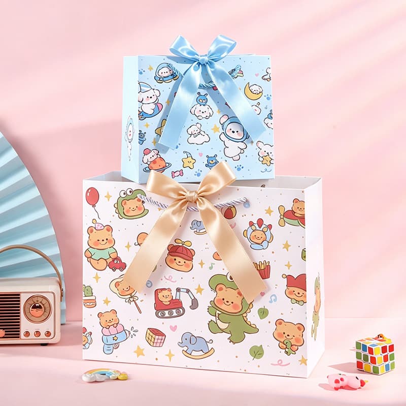 Cute Cartoon Gift Packaging Bag Children's Day Gift Bag Embossed Craft Handbag in stock White Cardboard Bag
