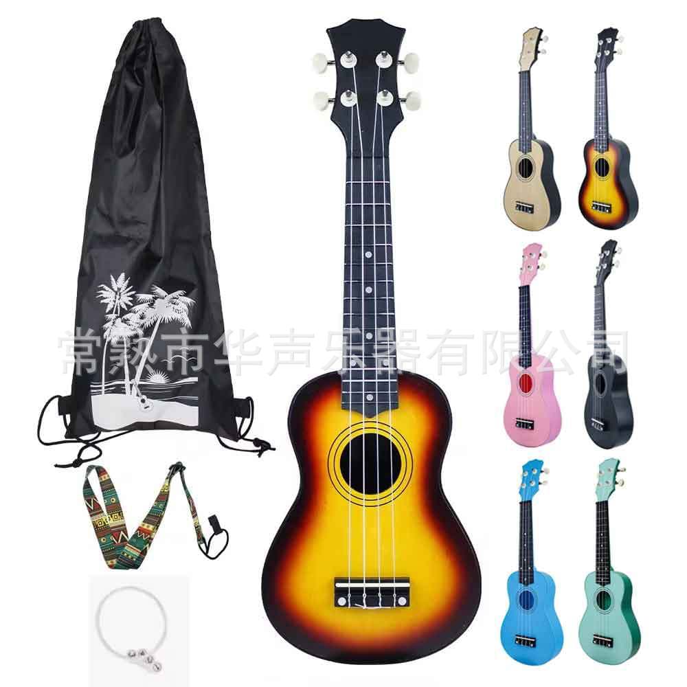 Wholesale purchase of 21-inch plastic ukulele with bag and strap accessories set for beginners.