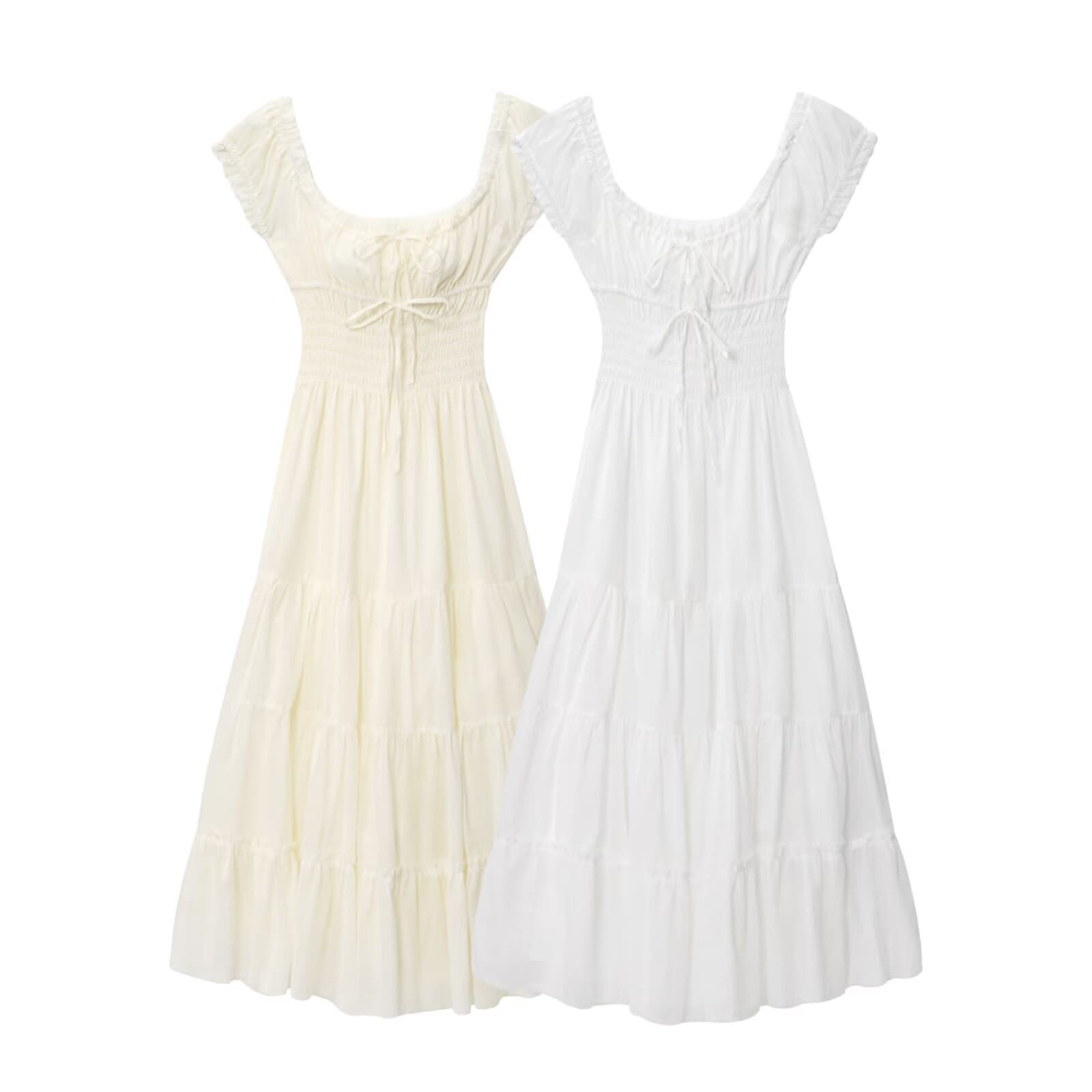 67992025 Summer new style French pure style relaxed double-layer elastic waist square neck long skirt women's dress