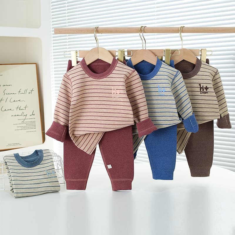 Children's Thermal Underwear Set with Velvet Fabric and Colorful Stripes, Autumn/Winter Striped Autumn Clothes and Pants Loungewear