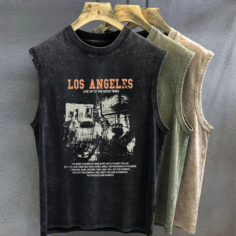 [Cross-border European code] Gothic pattern men's T-shirt retro washed printed sleeveless everyday versatile vest